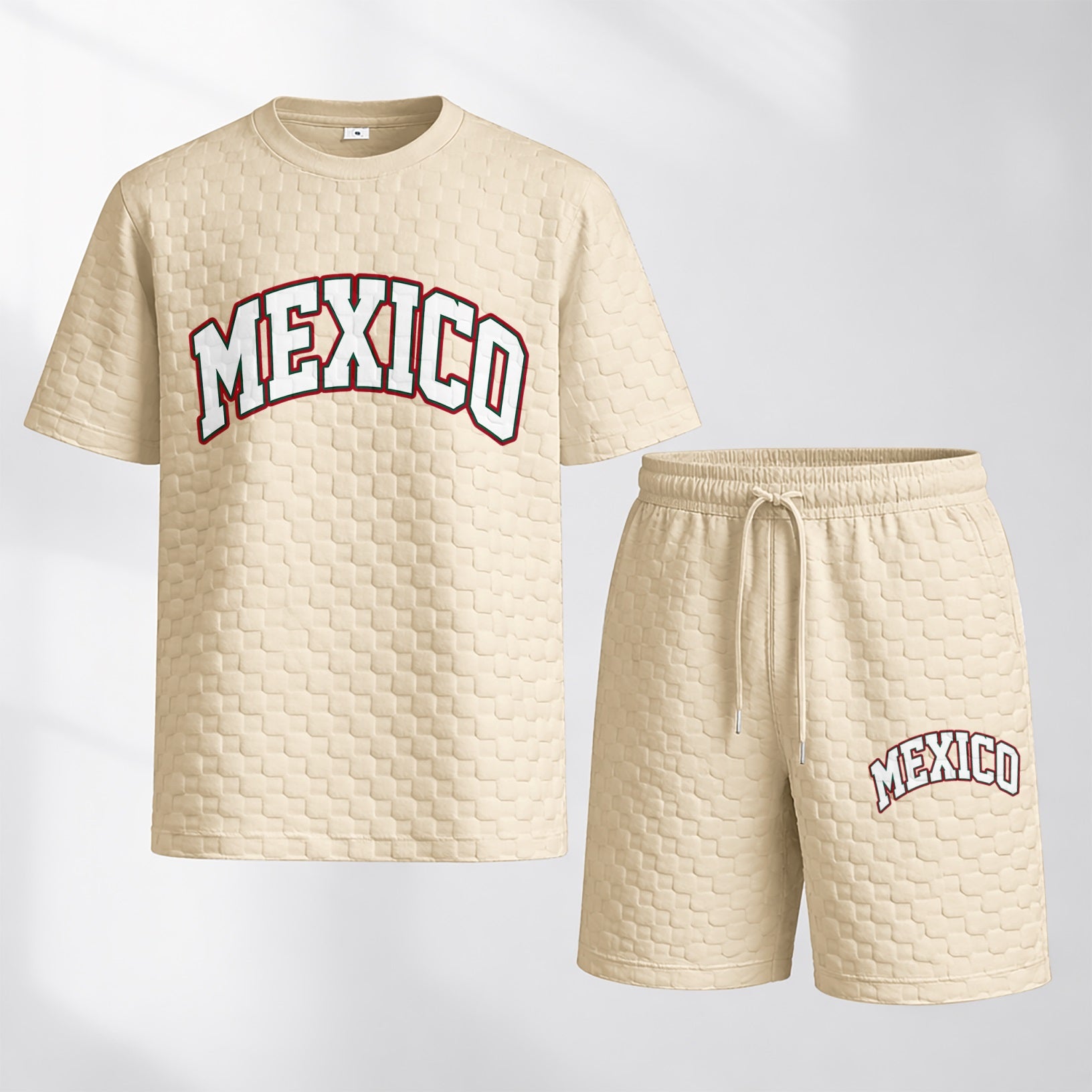 Men's Spring/Summer Mexican-Print Plaid Drawstring Shorts Set—A casual summer outfit featuring a short-sleeve shirt and shorts, ideal for both everyday wear and athletic activities