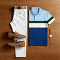 Men's Casual Color Blocking Geometric Printed Short Sleeved Polo Shirt & Trousers Two-Piece Set