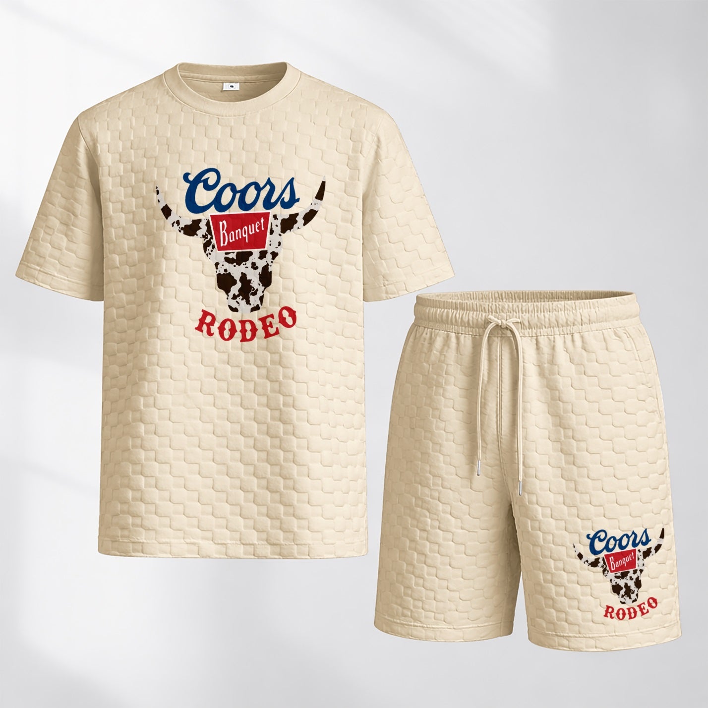 Men's Spring And Summer Classic Beer Print With Red And Black Line Checkered Fabric Drawstring Shorts Set, Casual Summer Outfit With Short-Sleeved Shirt And Shorts, Ideal For Everyday Wear And Sports Activities