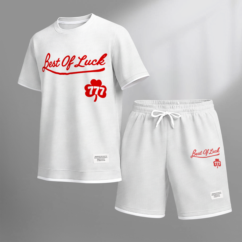 Men's Casual Style 777 Print Waffle Fabric Short-Sleeved Shirt And Shorts Set