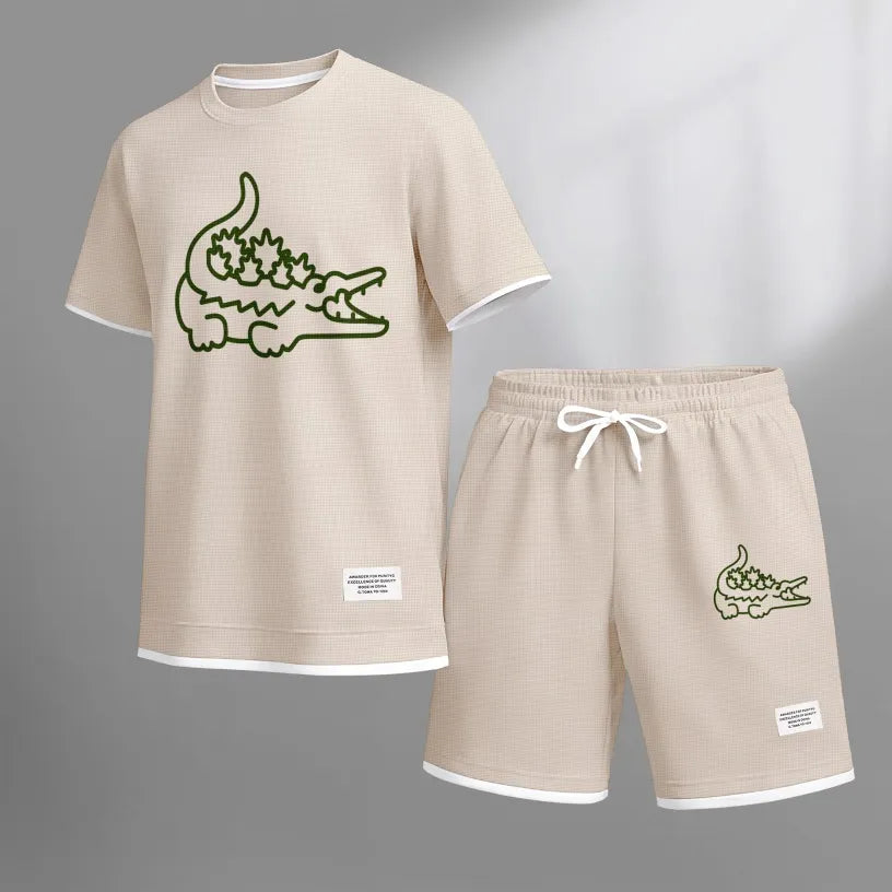 Men's Monster Crocodile Print Waffle Fabric Short-Sleeved Shirt And Shorts Set