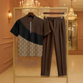 Men's Casual Coffee & Khaki Color Matching Vintage Asymmetric Printed Zipper Short Sleeved Polo Shirt & Trousers Two-Piece Set