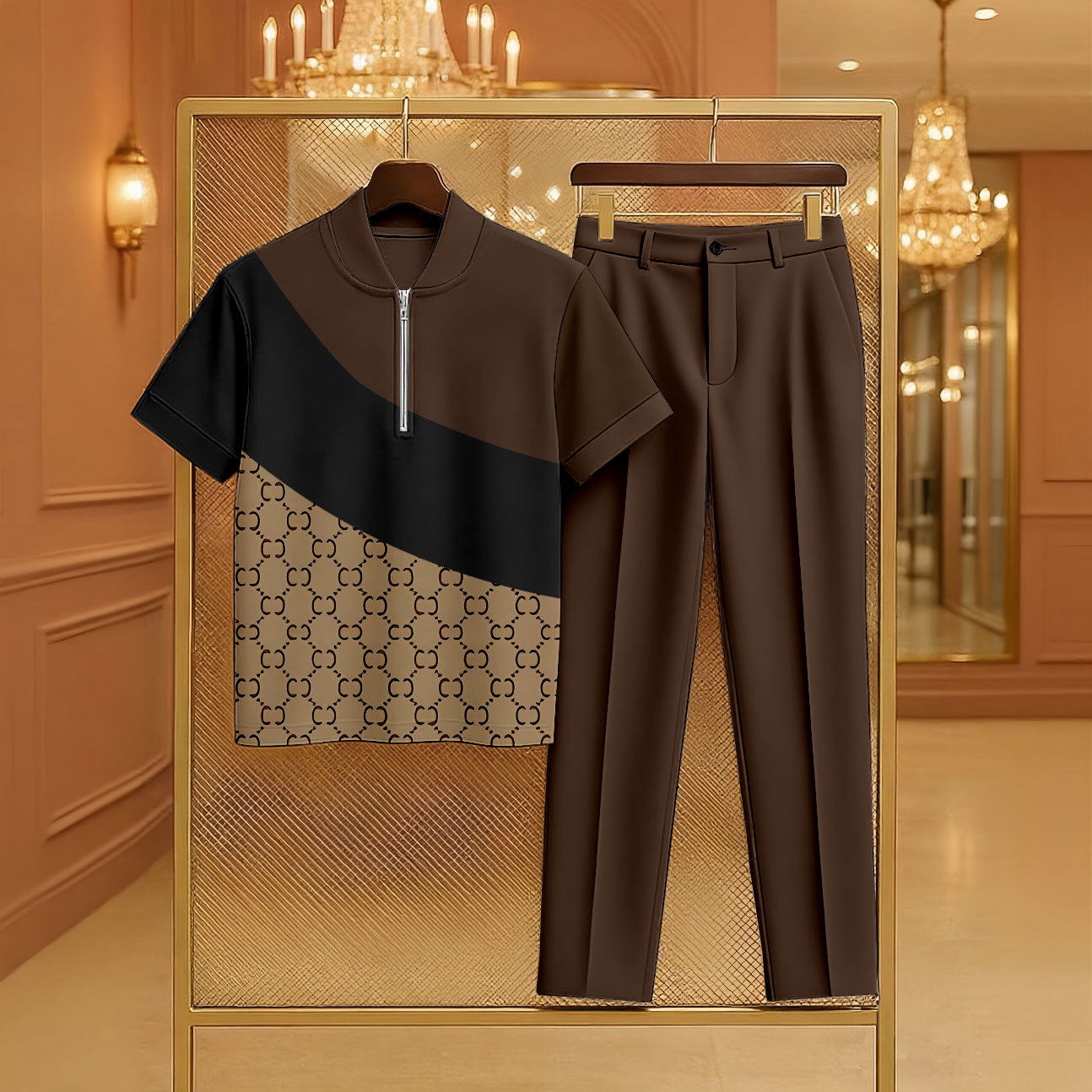 Men's Casual Coffee & Khaki Color Matching Vintage Asymmetric Printed Zipper Short Sleeved Polo Shirt & Trousers Two-Piece Set