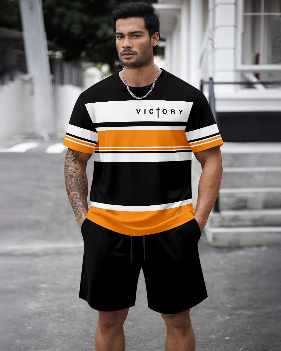Men's Summer Colorblock Printed Round Neck Set 469
