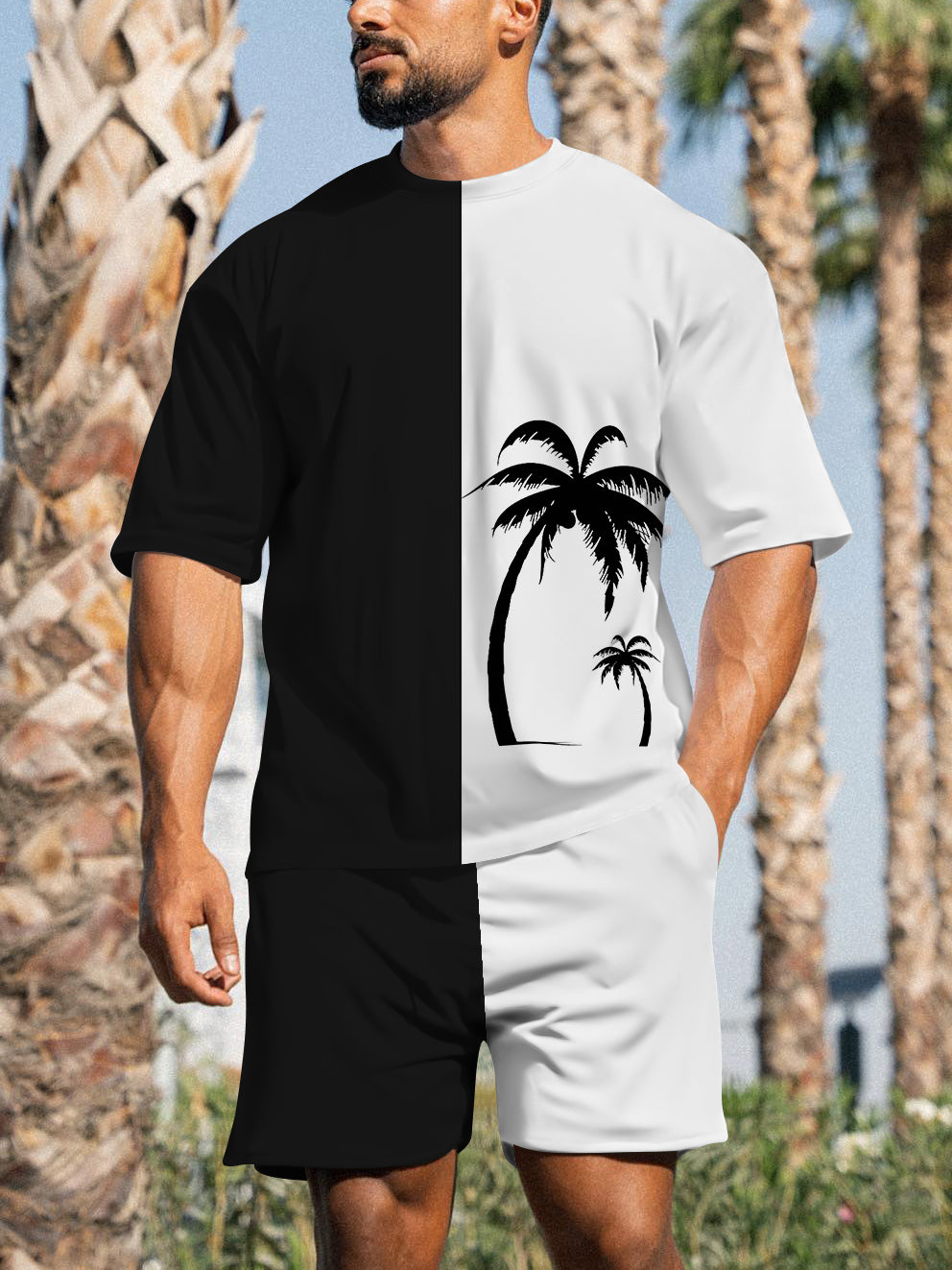 Men's Casual Sports Street Simple Color Block Printed Shorts Suit 021