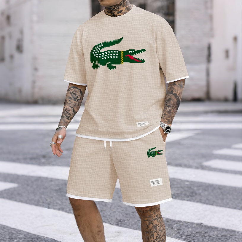 Men's Hip-Hop Crocodile Print Waffle Fabric Short-Sleeved Shirt And Shorts Set 02
