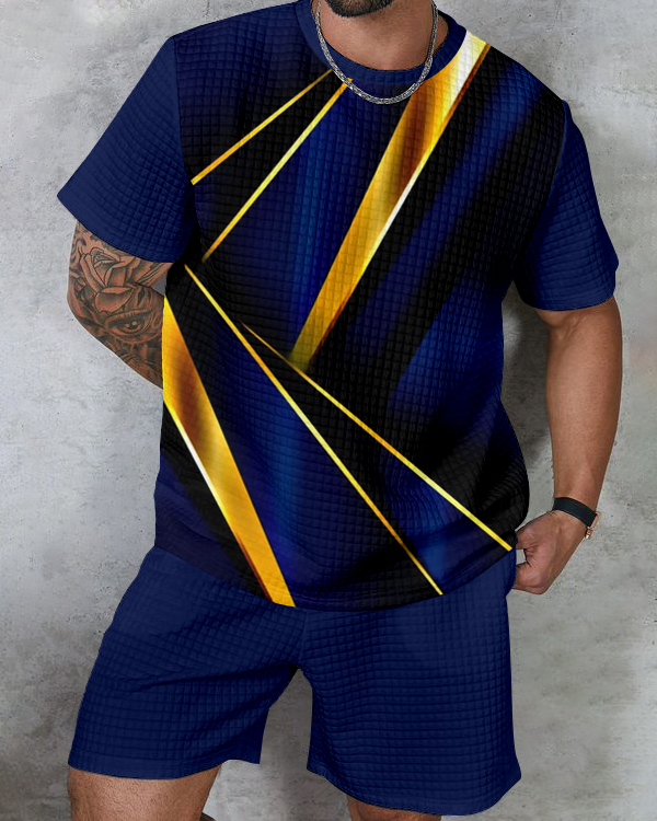 Men's textured waffle texture printed shorts Set 009