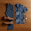 Men's Casual Dark Gray Plaid Printed Polo Shirt And Pants Two-Piece Set