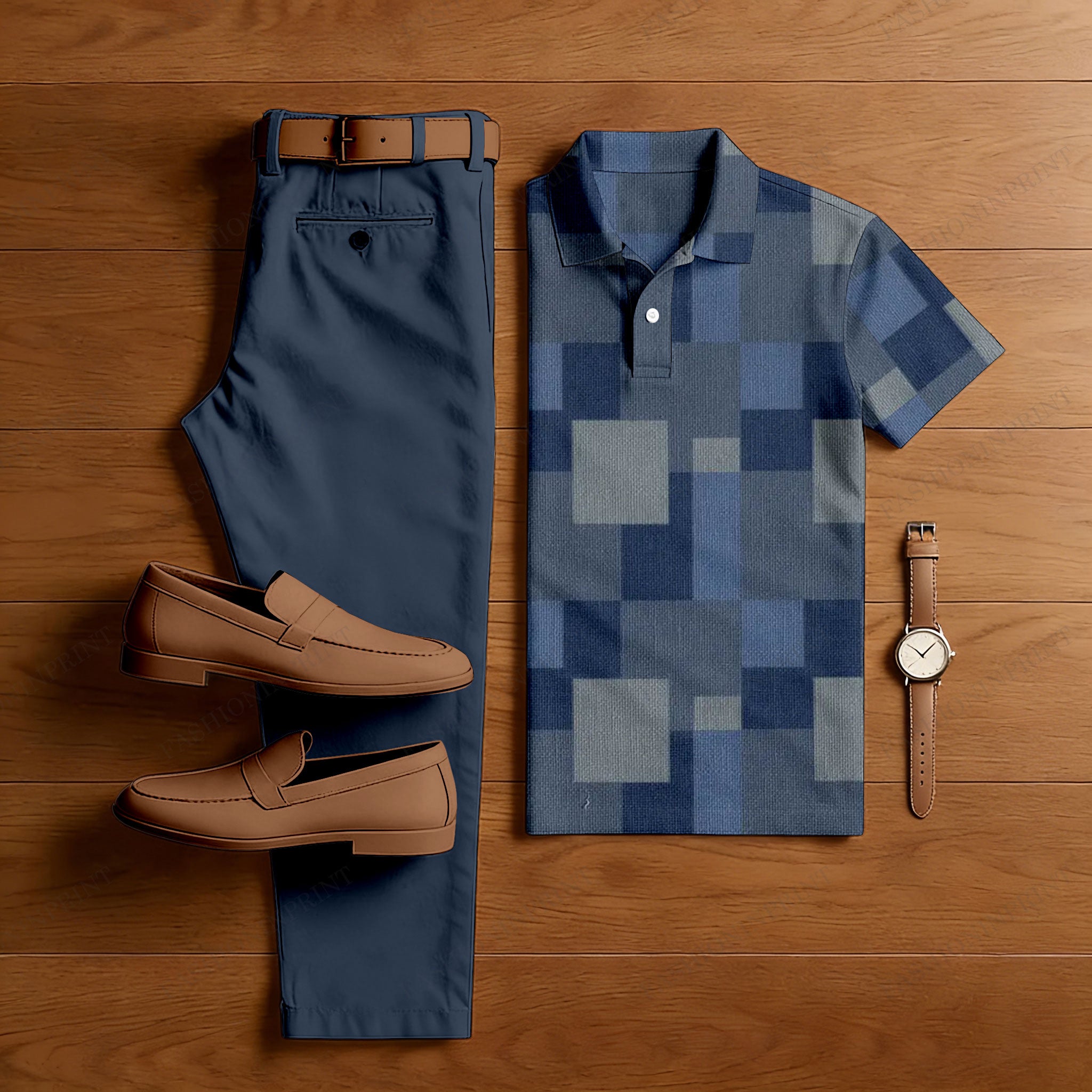 Men's Casual Dark Gray Plaid Printed Polo Shirt And Pants Two-Piece Set