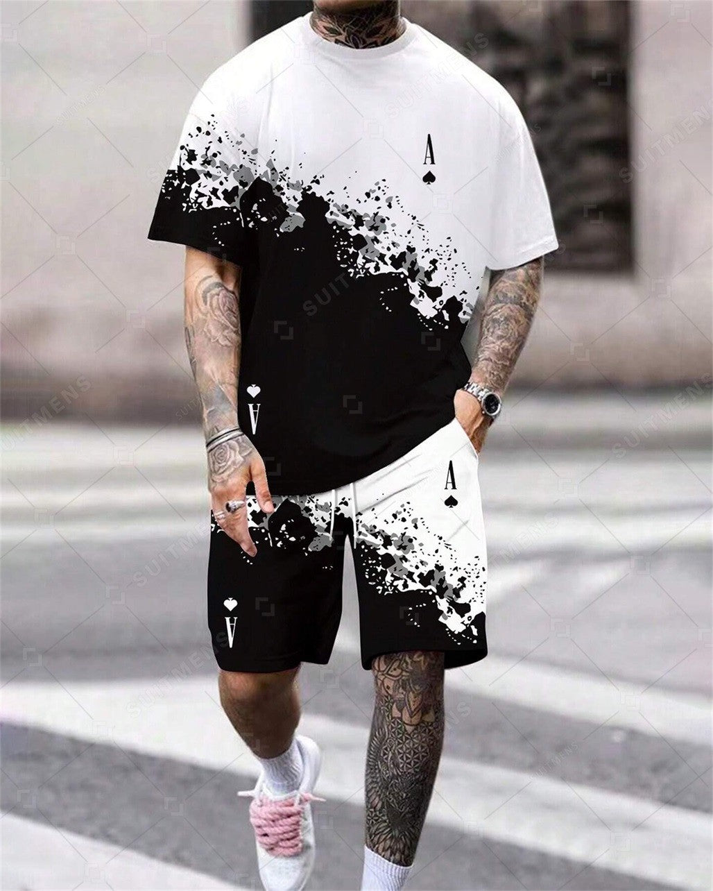 Men's Black And White Gradient Casual Shorts Set 412