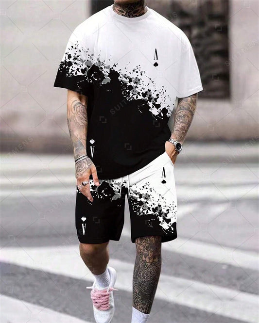 Men's Black And White Gradient Casual Shorts Set 412