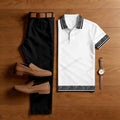 Men's Casual Black & White Color Matching Ethnic Style Printed Short Sleeved Polo Shirt & Trousers Two-Piece Set 201457