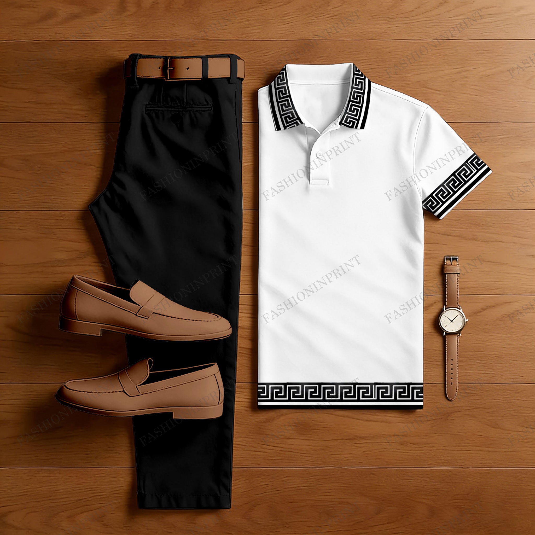 Men's Casual Black & White Color Matching Ethnic Style Printed Short Sleeved Polo Shirt & Trousers Two-Piece Set 201457