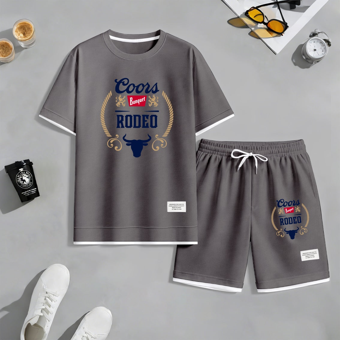 Men's American Lager Print Waffle Fabric Short-Sleeved Shirt And Shorts Set