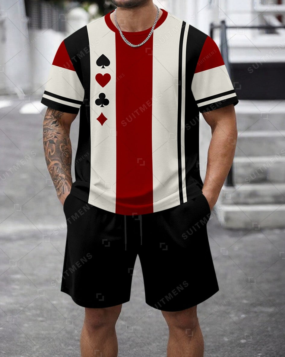 Men's Summer Colorblock Printed Round Neck Set 475