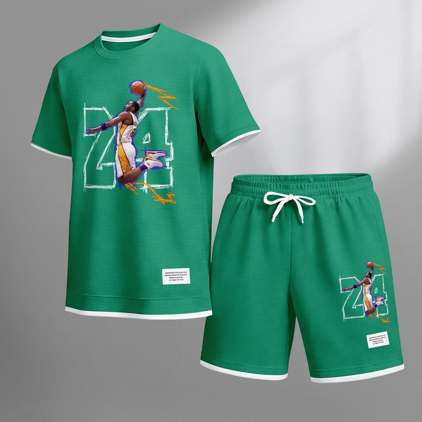 Men's No.24 Basketball Dunk Art Print Short Sleeve T-Shirt & Shorts Set, Summer Lightweight Waffle Sporty Casual Two-Piece Outfit, Streetwear for Basketball, Gym & Daily Wear