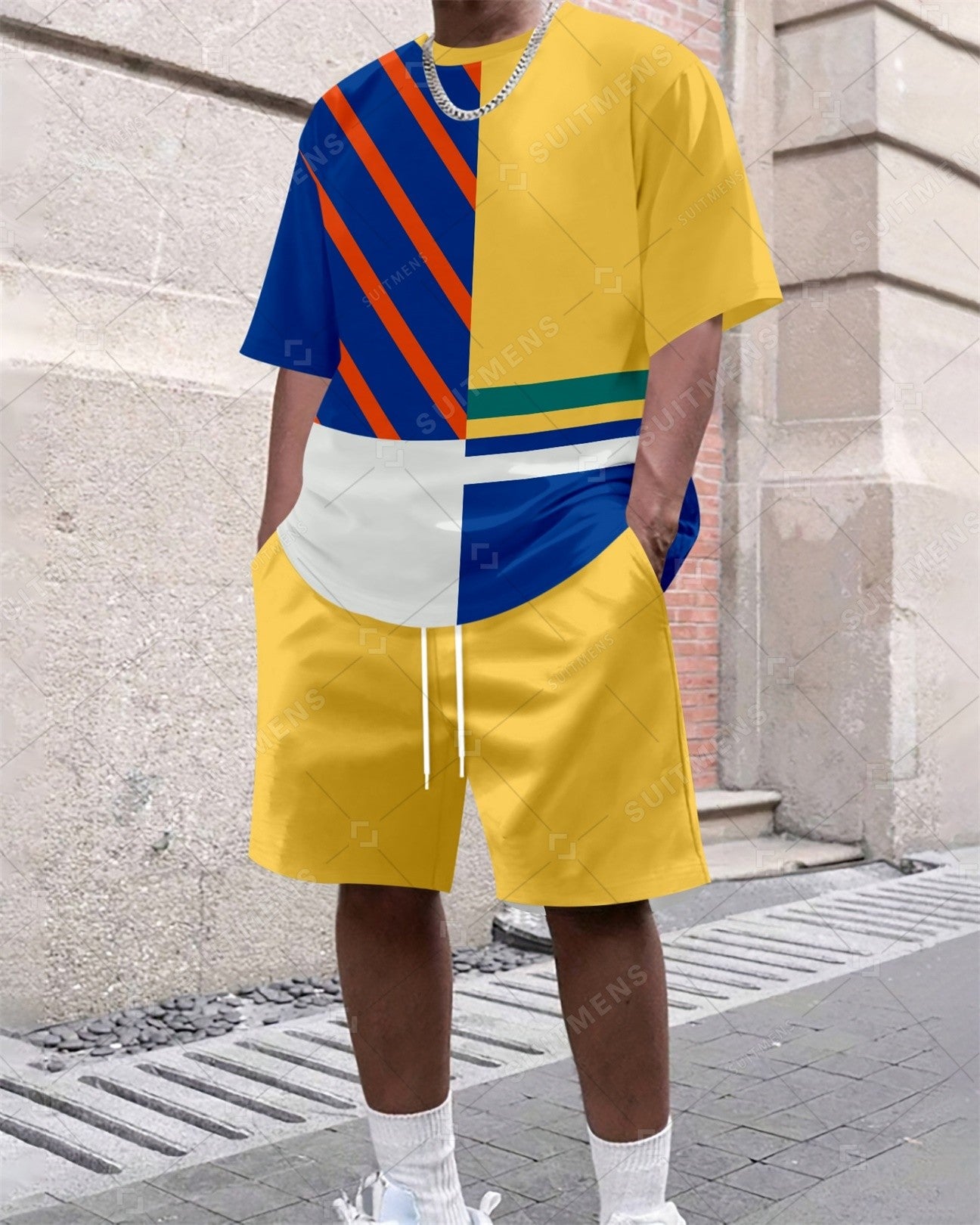 Men's Summer Colorblock Printed Round Neck Set 635
