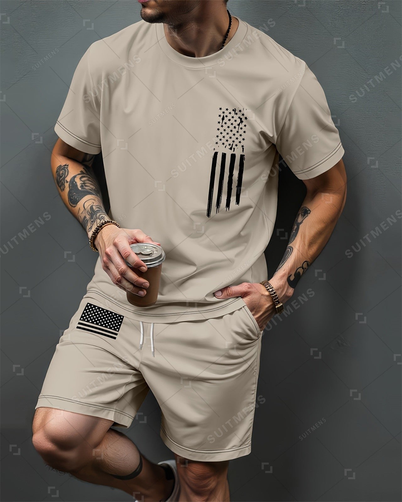 Men's Summer Simple Printed Round Neck Set 950