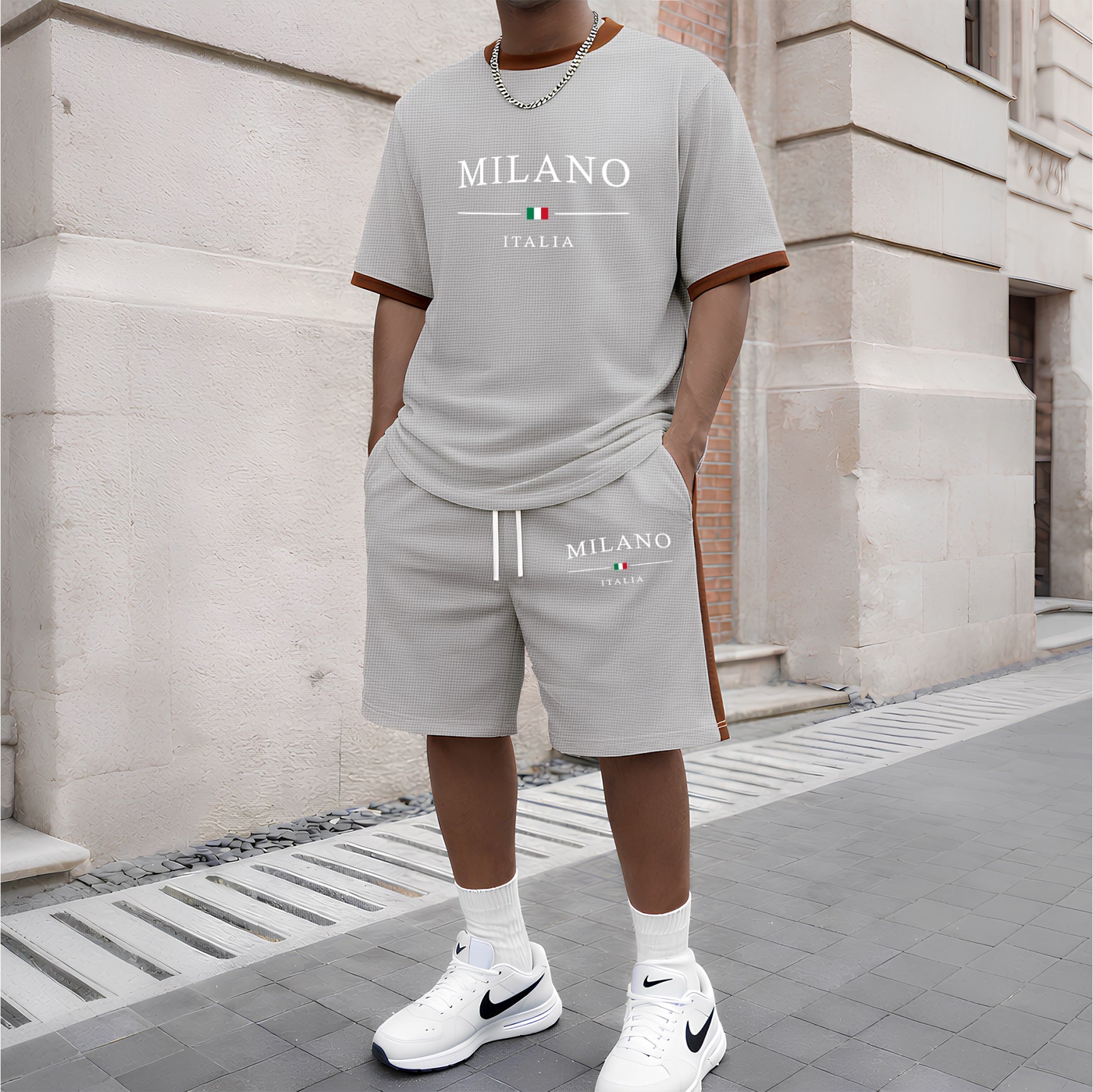 Men's Milan Letter Pattern Short-Sleeve T-Shirt and Drawstring Shorts Set, Men's Clothing, Casual Sportswear Short-Sleeve Top and Shorts, Summer Men's Everyday Wear, Indoor and Outdoor Sportswear, Sports Set
