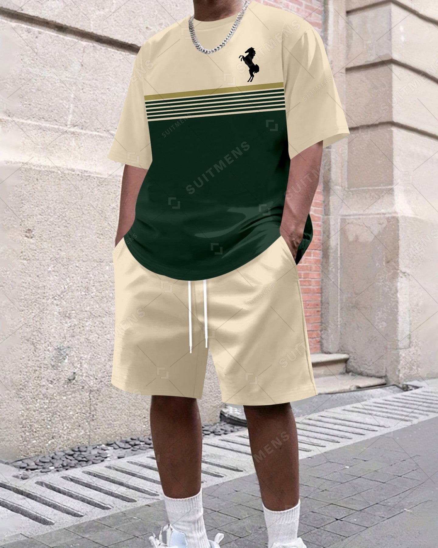 Men's Summer Colorblock Printed Round Neck Set 416