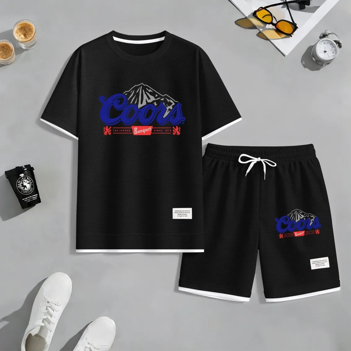 Men's American Beer Print Waffle Fabric Short-Sleeved Shirt And Shorts Set
