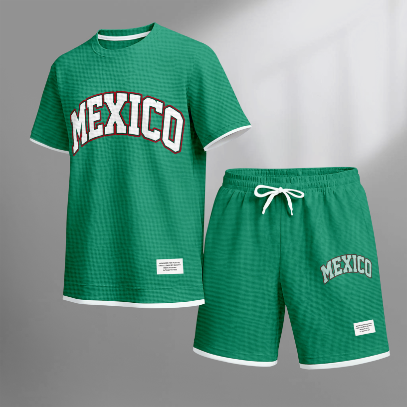 Men's Casual Style MEXICO Print Waffle Fabric Short-Sleeved Shirt And Shorts Set