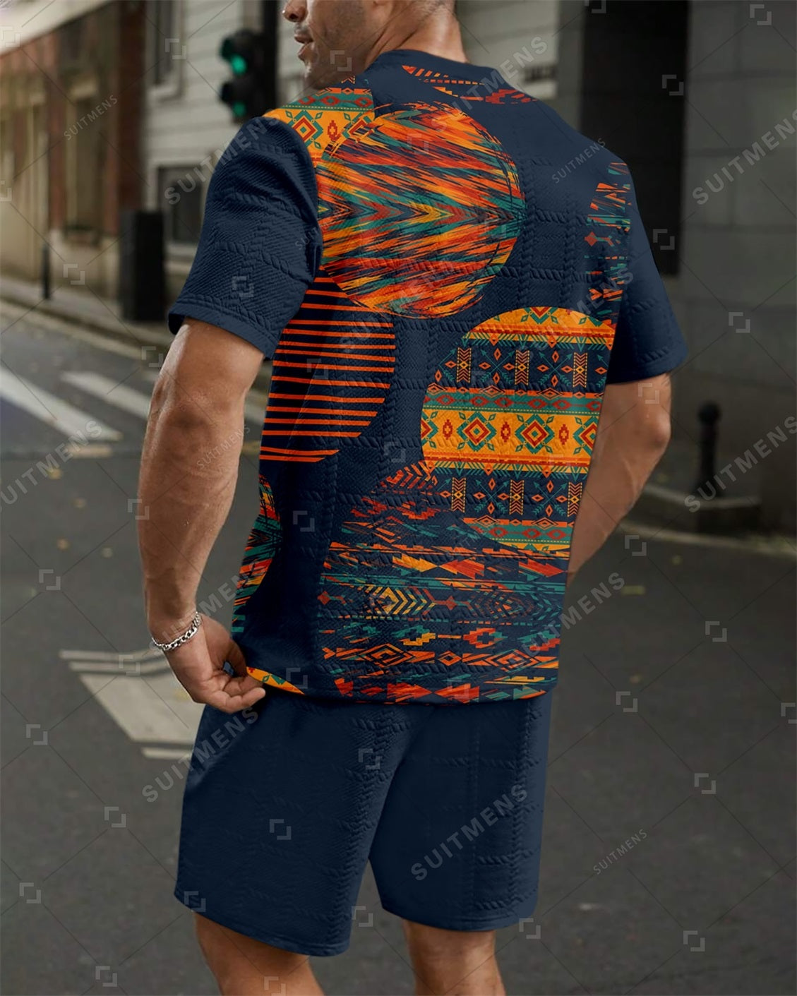 Men's Jacquard Textured Color Block Printed Short Sleeve Shorts Set 0011