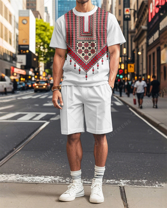 Men's Vintage Palestinian Tatreez Pattern Printed Summer Round Neck Set 2003