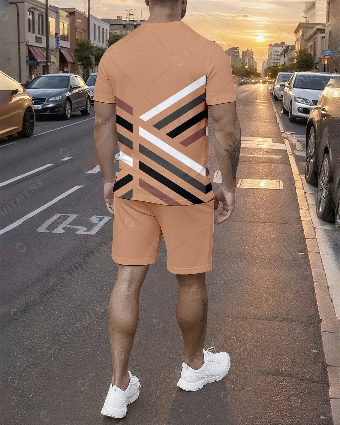 Men's Summer Colorblock Printed Round Neck Set 757