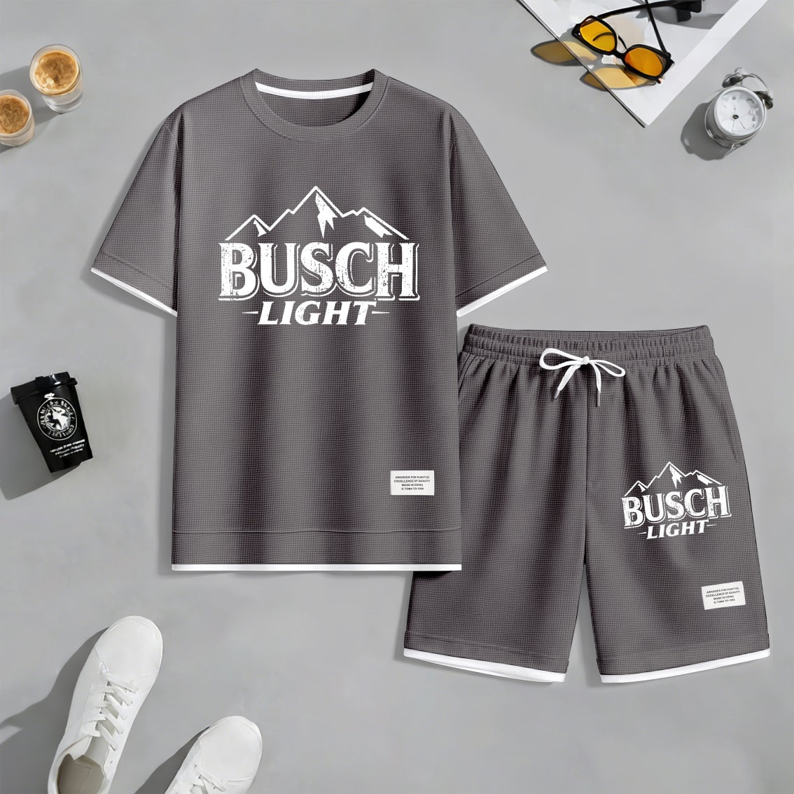 Men's Rocky Mountains Print Waffle Fabric Short-Sleeved Shirt And Shorts Set