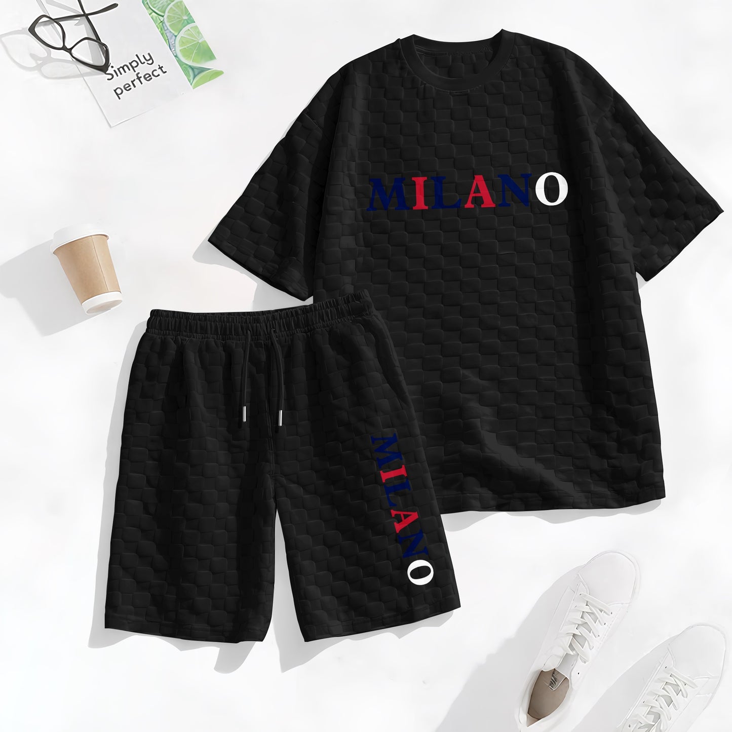Men's Spring and Summer 'MILANO' Letter Print Checkered Fabric Drawstring Shorts Set, Casual Summer Outfit with Short-Sleeved Shirt and Shorts, Ideal for Everyday Wear and Sports Activities