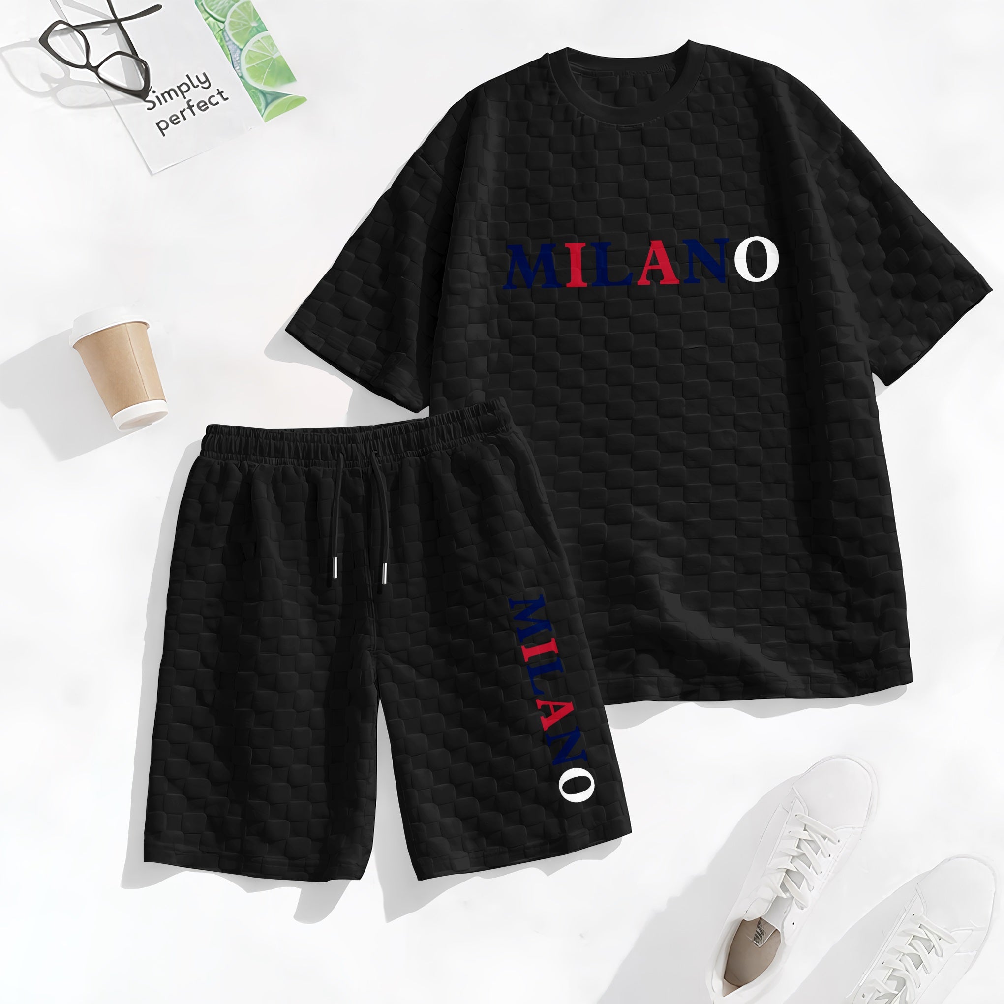 Men's Spring and Summer 'MILANO' Letter Print Checkered Fabric Drawstring Shorts Set, Casual Summer Outfit with Short-Sleeved Shirt and Shorts, Ideal for Everyday Wear and Sports Activities