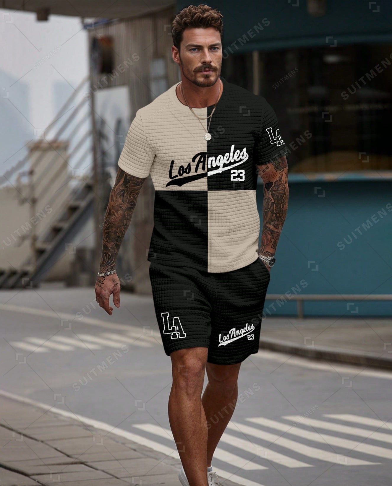 Men's Casual Waffle Textured Summer Round Neck Short Sleeve Shorts Set 009