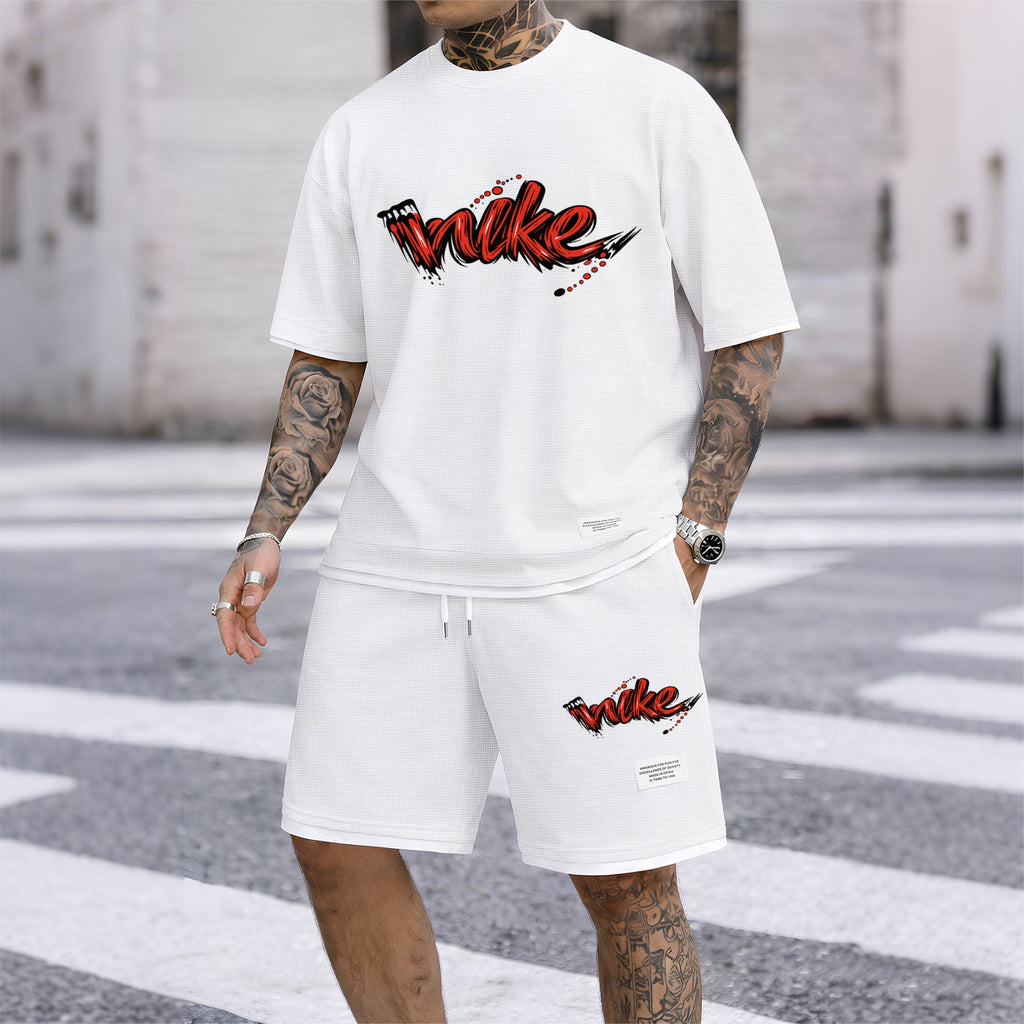 Men's Red Graffiti-Style Art Letter Print Fake Two-Piece Short Sleeve T-Shirt & Shorts Set, Summer Waffle Breathable Sporty Casual Two-Piece Outfit, Streetwear Gym Training Activewear
