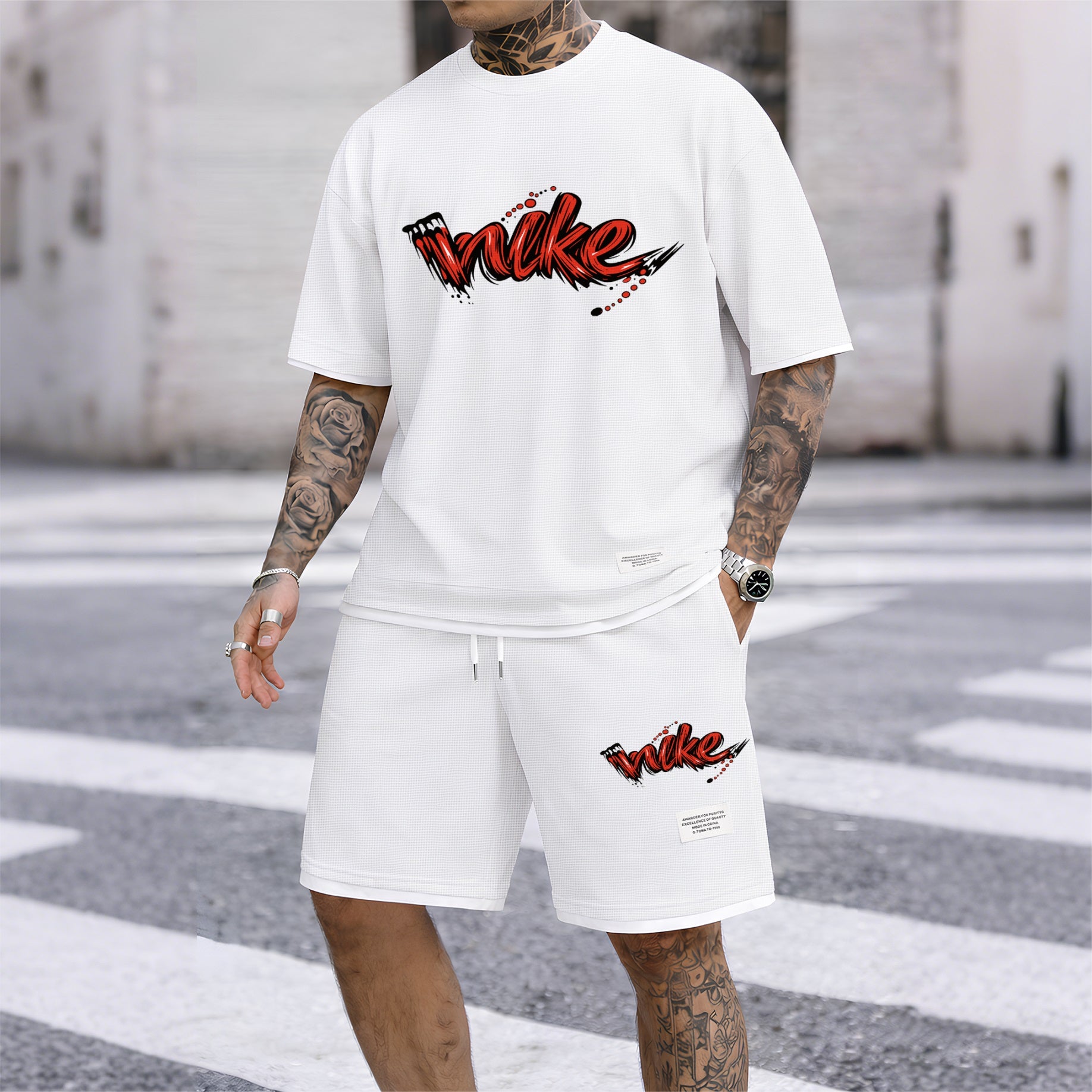 Men's Red Graffiti-Style Art Letter Print Fake Two-Piece Short Sleeve T-Shirt & Shorts Set, Summer Waffle Breathable Sporty Casual Two-Piece Outfit, Streetwear Gym Training Activewear