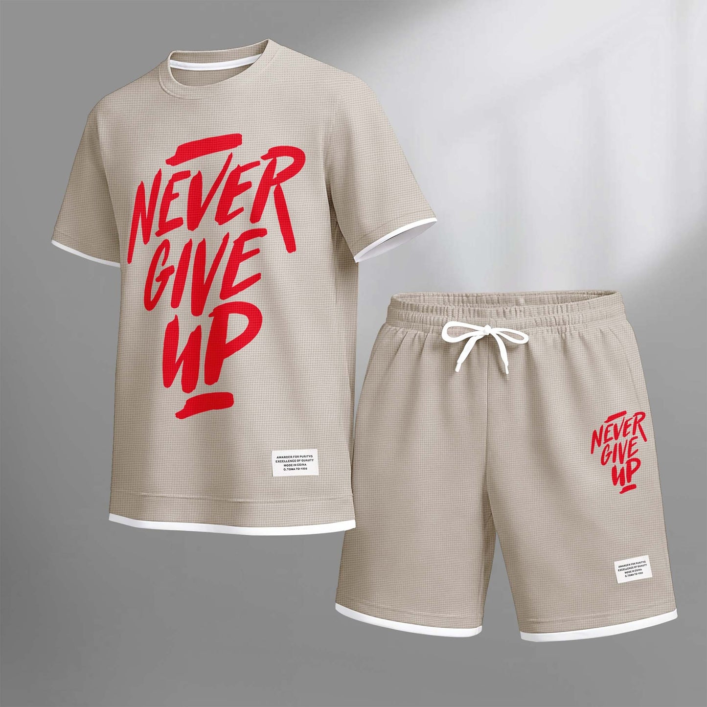 Men's Never Give Up Print Drawstring Shorts Set For Spring/Summer. A Casual Summer Outfit, Including A Short-Sleeved Shirt And Shorts, Suitable For Everyday Wear And Sports. A Two-Piece Set For A Relaxed And Energetic Lifestyle.