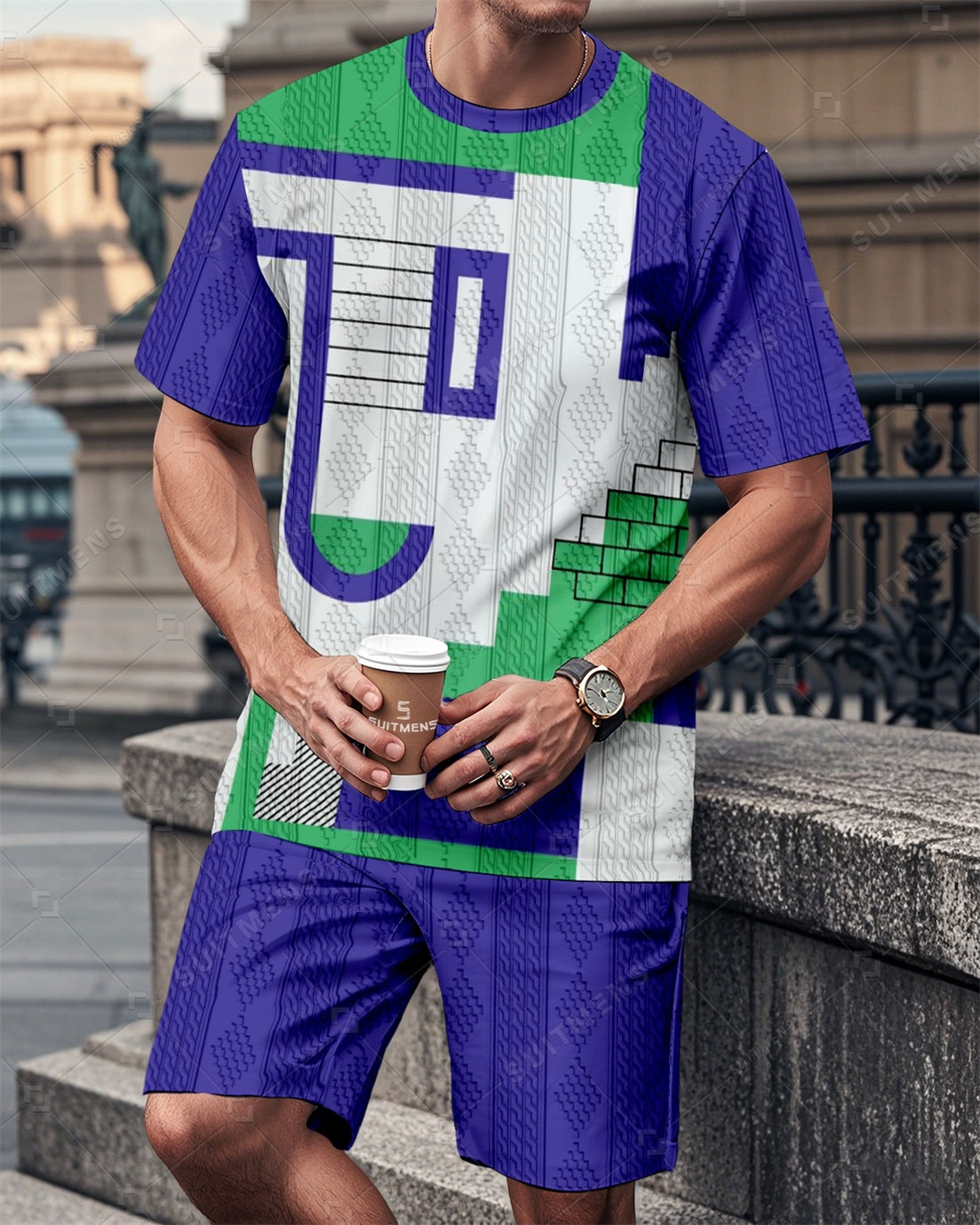 Men's Colorblock Round Neck Jacquard Texture Print Shorts Set  009