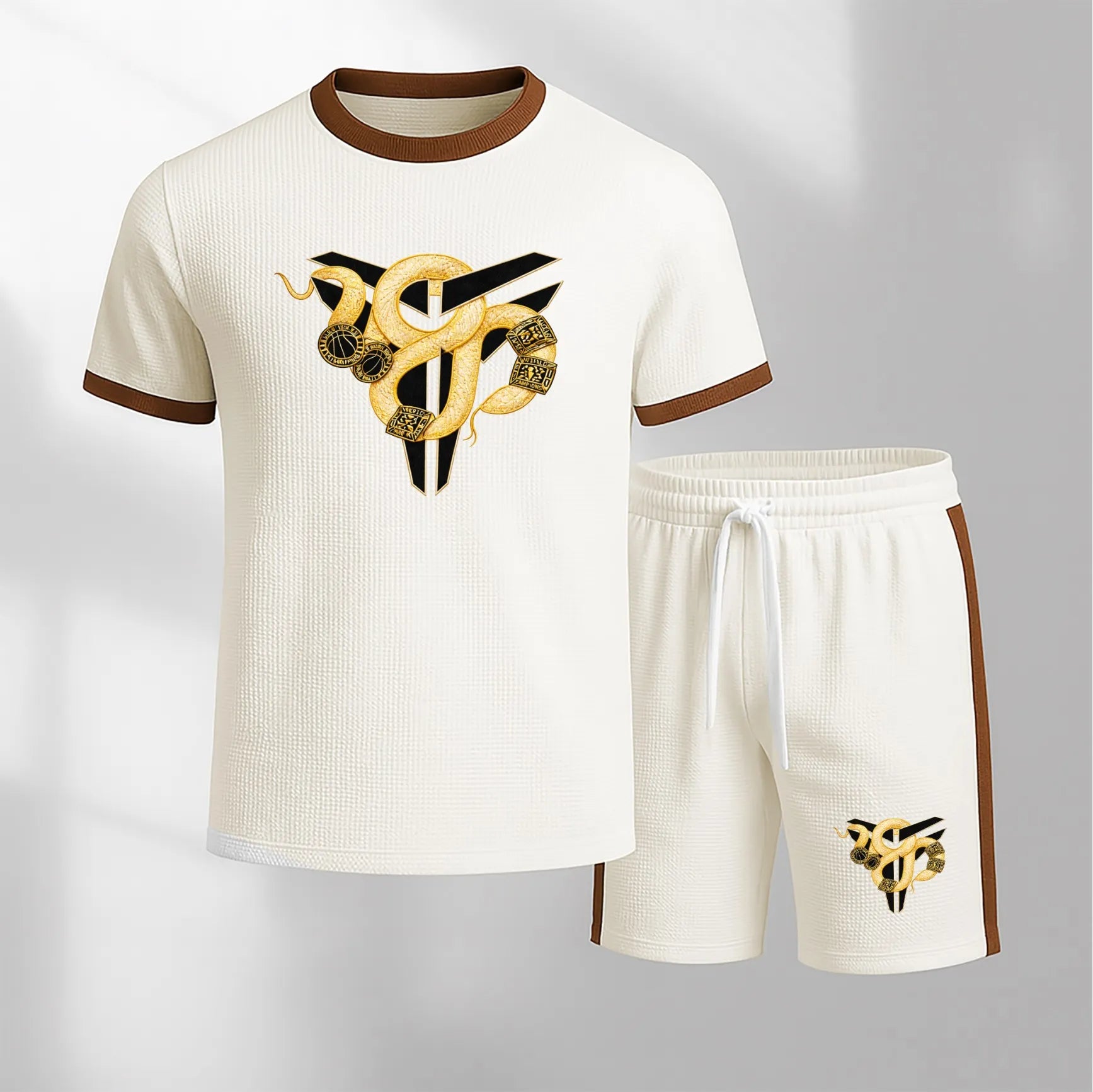 Men's Patterned Short-Sleeved T-Shirt And Drawstring Shorts Set, Men's Clothing, Casual Sports Short-Sleeved Top And Shorts, Men's Summer Everyday Wear, Indoor And Outdoor Sportswear, Sports Set.