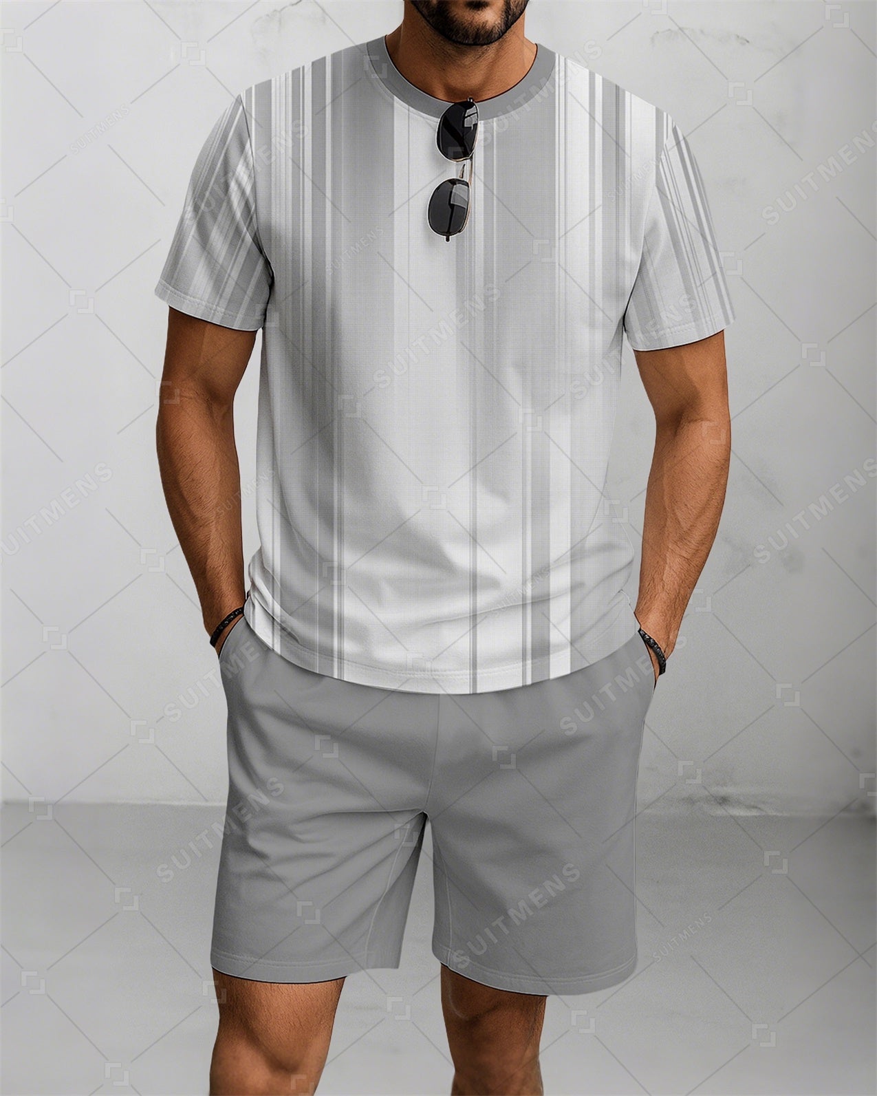 Men's Summer Colorblock Printed Round Neck Suit 086