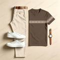 Men's Casual Brown Geometry Two-Piece Set: Printed Crew Neck Short-Sleeve Top & Long Pants
