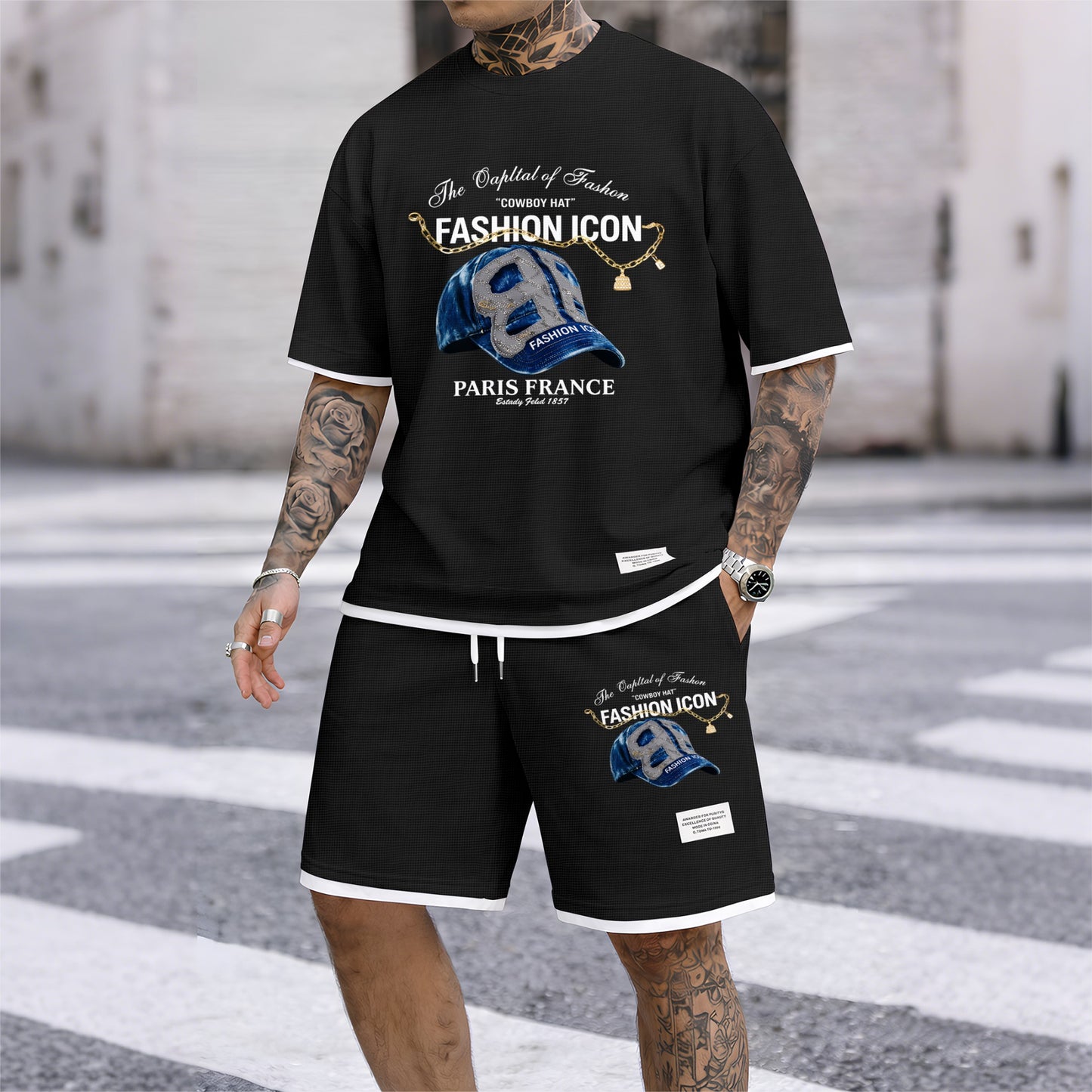 Men's Retro Cool Letter Print Short Sleeve T-Shirt & Shorts Set, Summer Lightweight Waffle Sporty Casual Two-Piece Outfit, Streetwear for Gym & Daily Wear