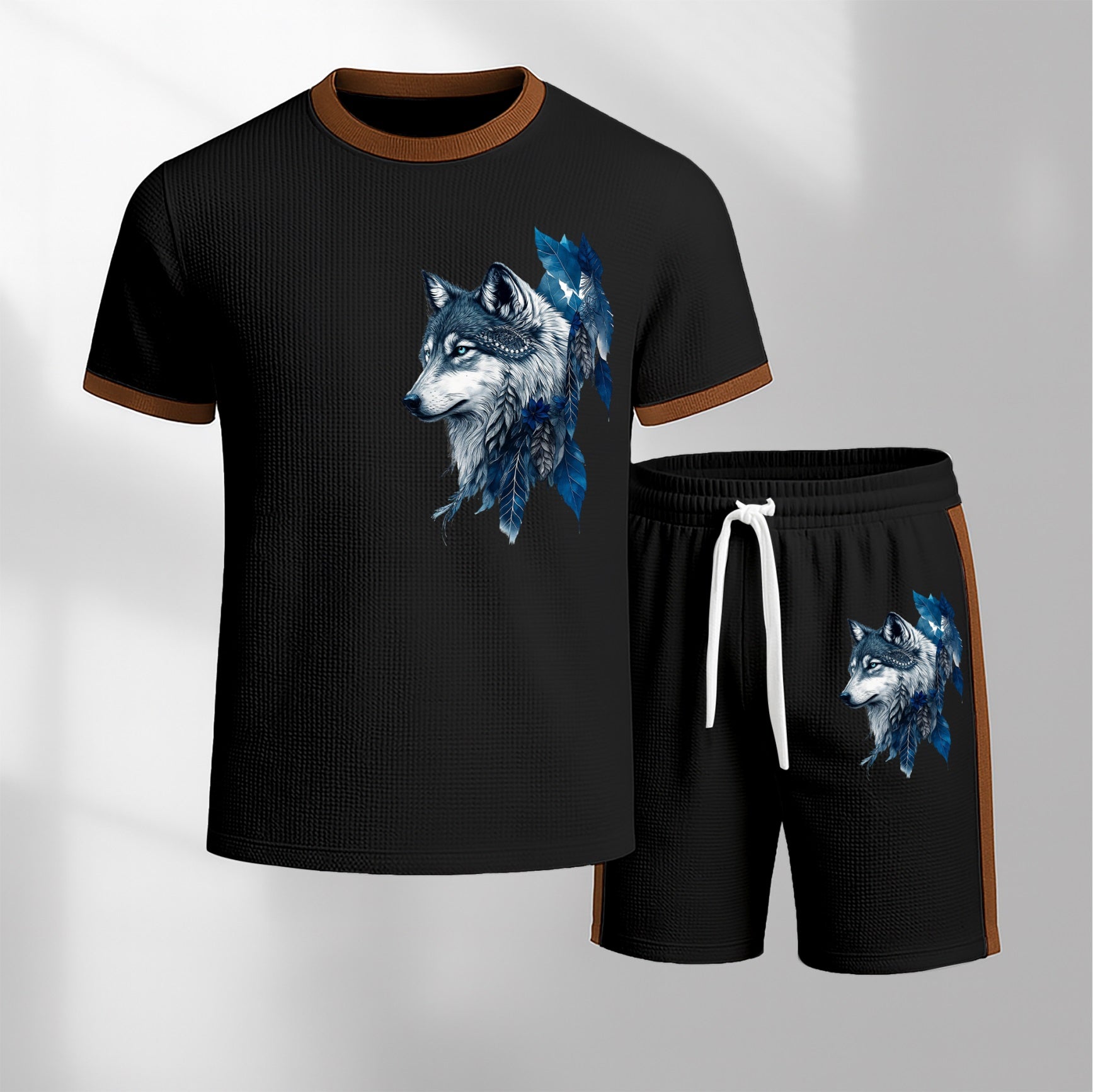 Men's Wolf King Pattern Short-Sleeve T-Shirt and Drawstring Shorts Set, Men's Clothing, Casual Sportswear Short-Sleeve Top and Shorts, Summer Men's Everyday Wear, Indoor and Outdoor Sportswear, Sports Set