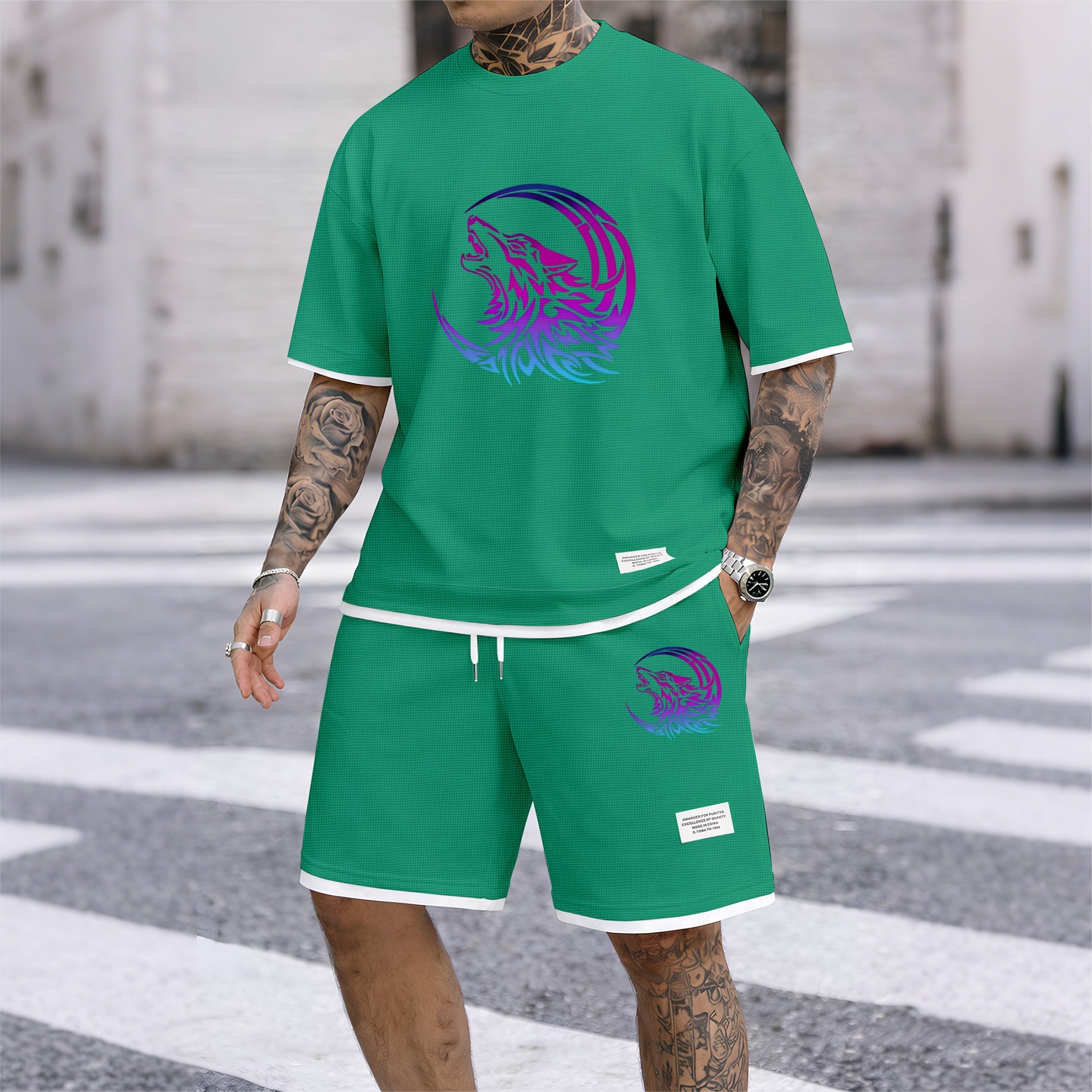 Men's Gradient Wolf & Moon Graphic Print Waffle Short Sleeve T-Shirt & Shorts Set, Summer Lightweight Sporty Casual Two-Piece Outfit, Streetwear for Gym & Daily Wear