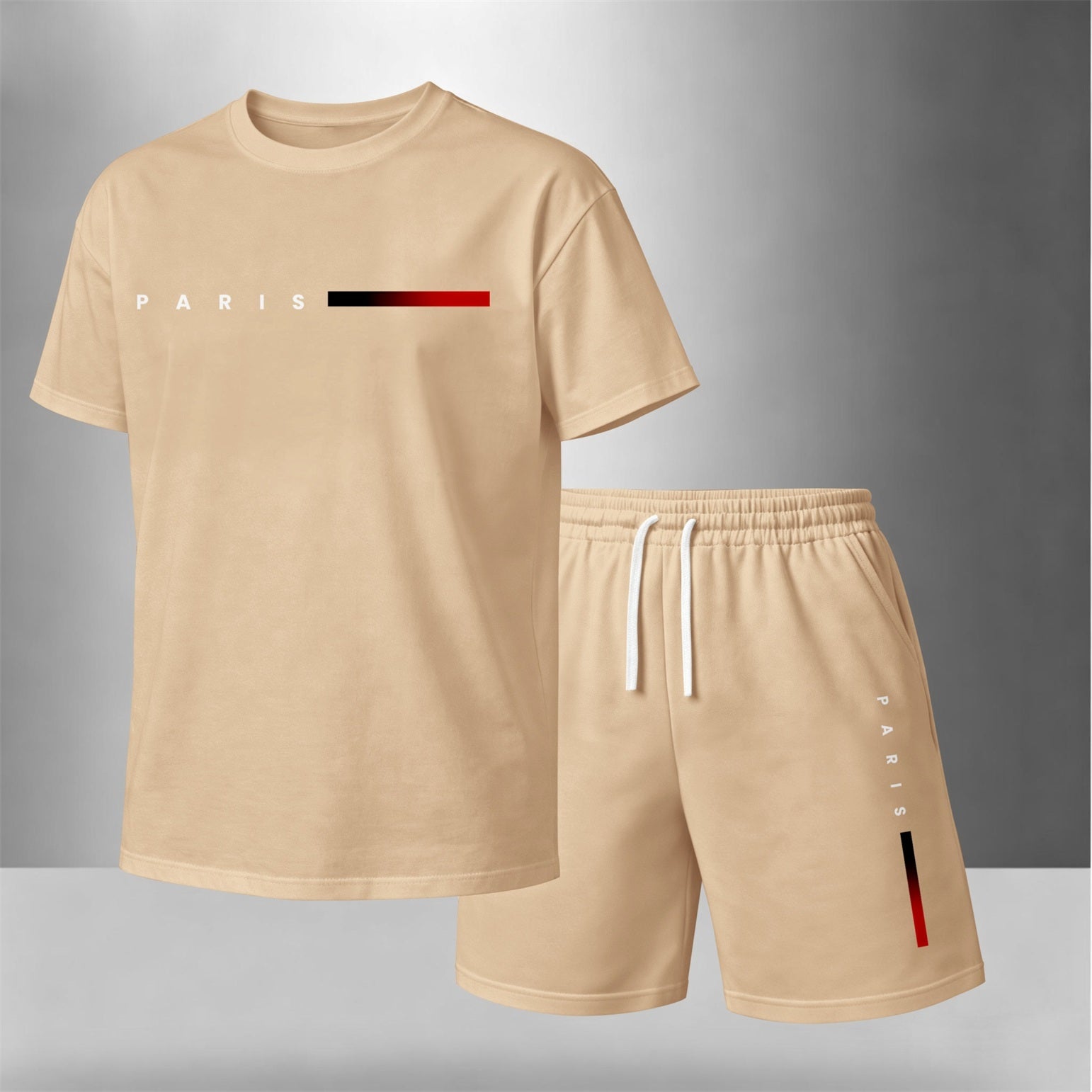Men’s Summer 2 Piece Set, PARIS Letter Print Short Sleeve T Shirt and Drawstring Shorts Matching Outfit, Lightweight Breathable Casual Set for Travel, Streetwear, Beach, Vacation, and Daily Wear