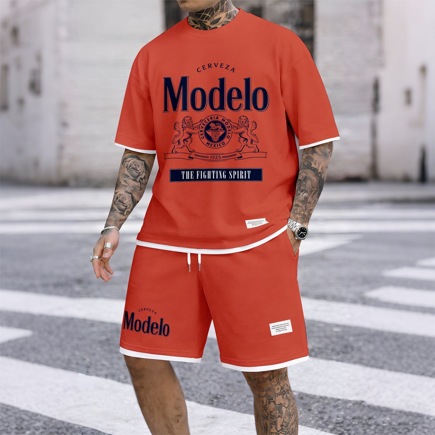 Men's Beer Print Drawstring Shorts Set, Suitable For Spring And Summer Wear, Casual Summer Set, Including Short-Sleeved Shirt And Shorts, Suitable For Everyday Wear And Sports 02