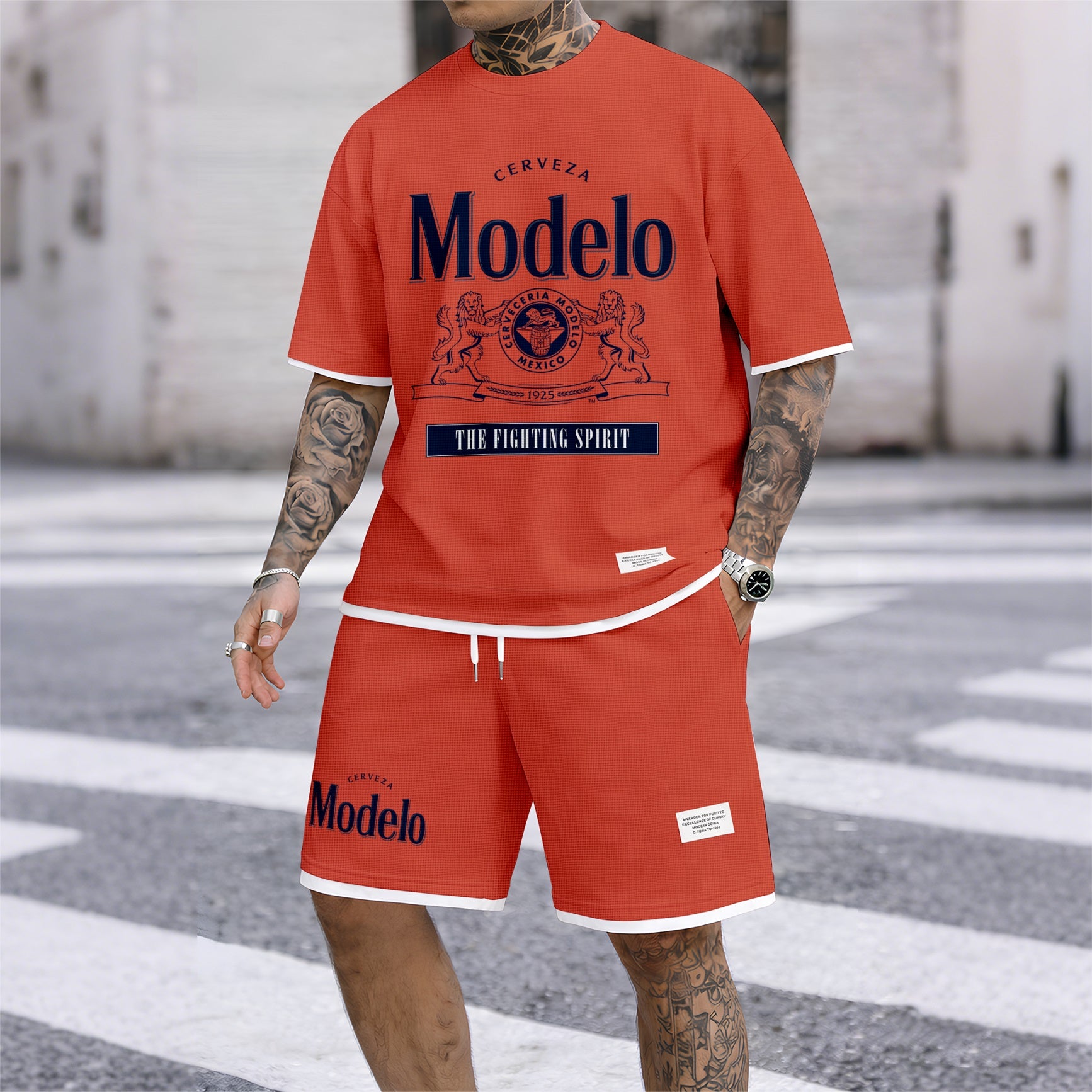 Men's Beer Print Drawstring Shorts Set, Suitable For Spring And Summer Wear, Casual Summer Set, Including Short-Sleeved Shirt And Shorts, Suitable For Everyday Wear And Sports 02