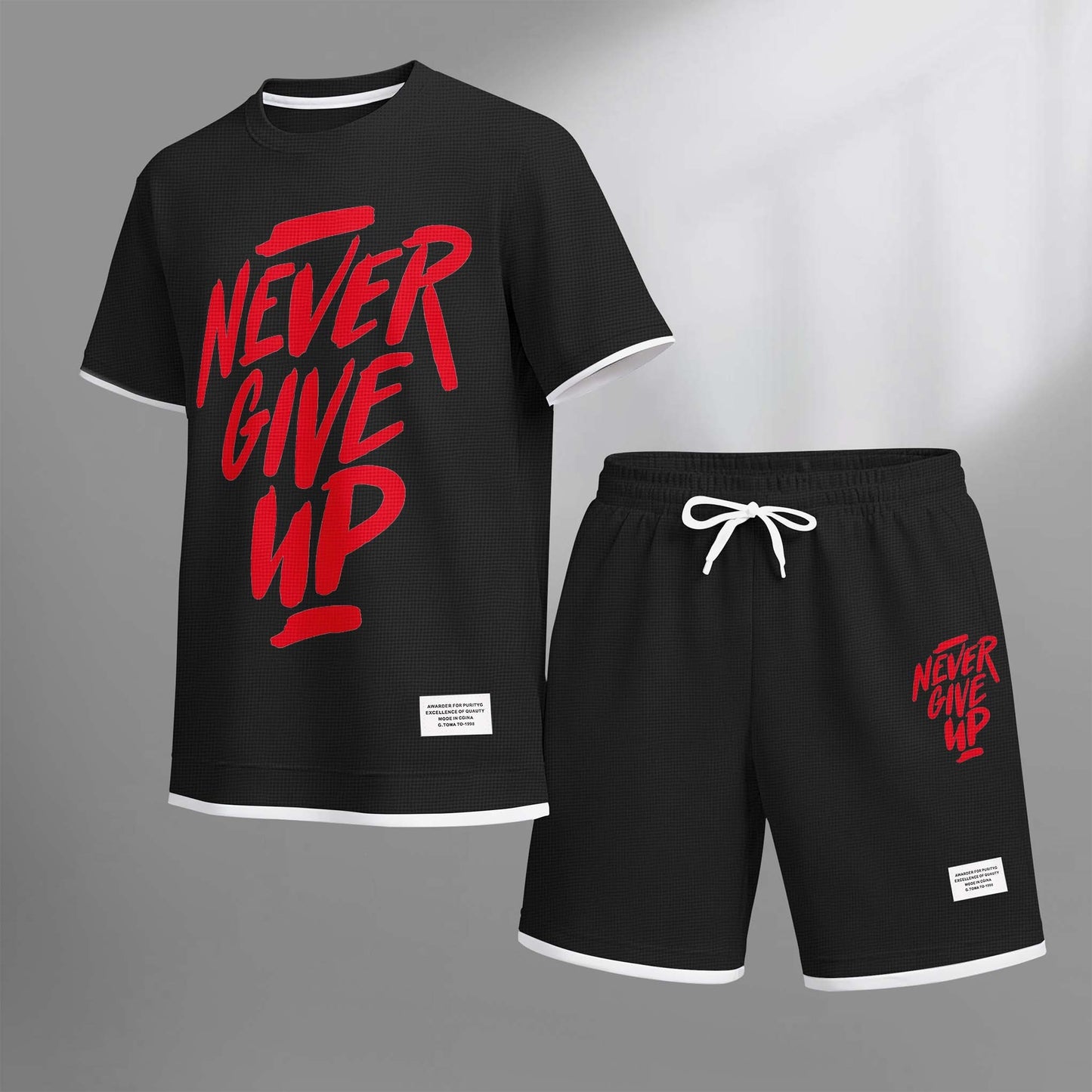 Men's Never Give Up Print Drawstring Shorts Set For Spring/Summer. A Casual Summer Outfit, Including A Short-Sleeved Shirt And Shorts, Suitable For Everyday Wear And Sports. A Two-Piece Set For A Relaxed And Energetic Lifestyle.