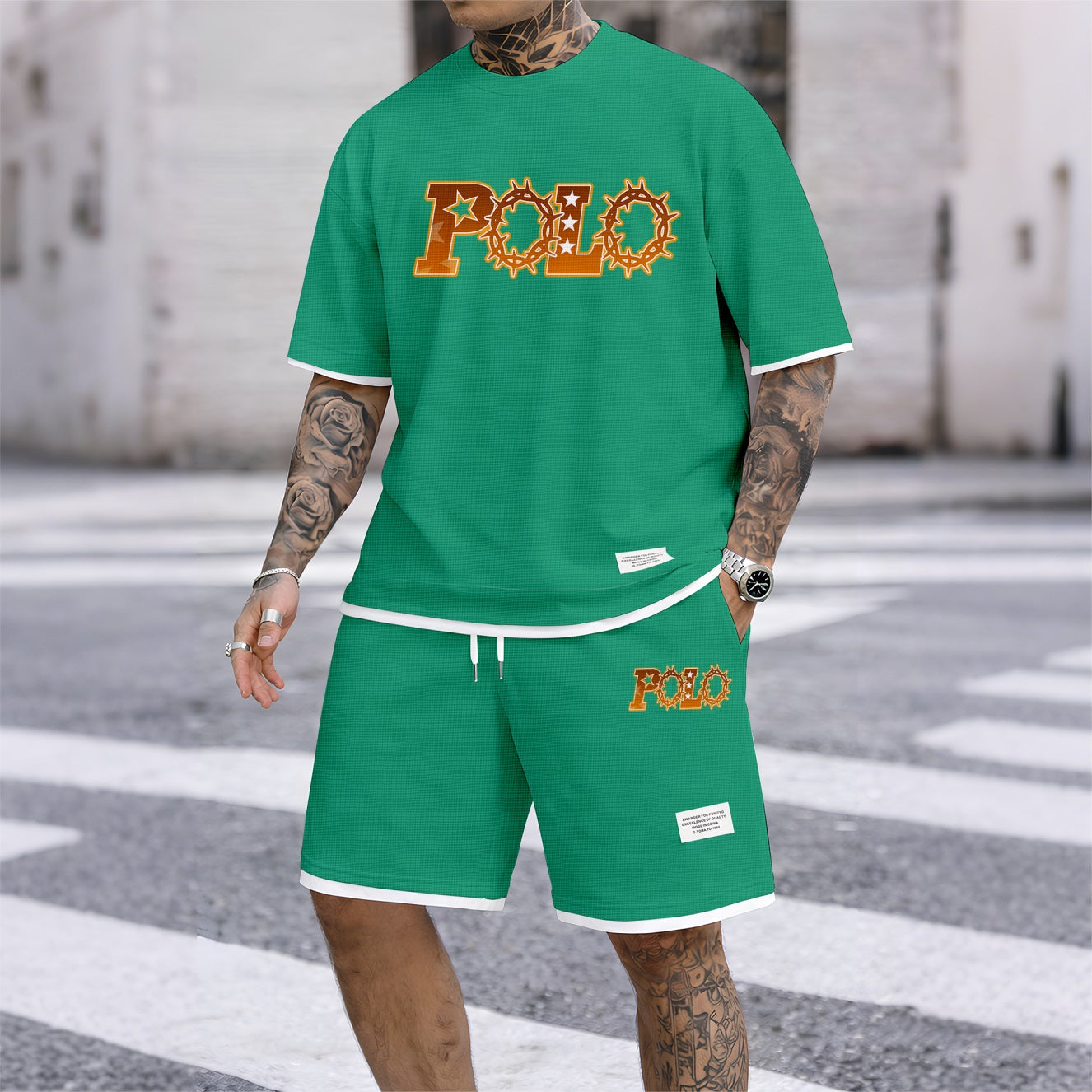 Men's Retro Thorns Print Waffle Fabric Short-Sleeved Shirt And Shorts Set