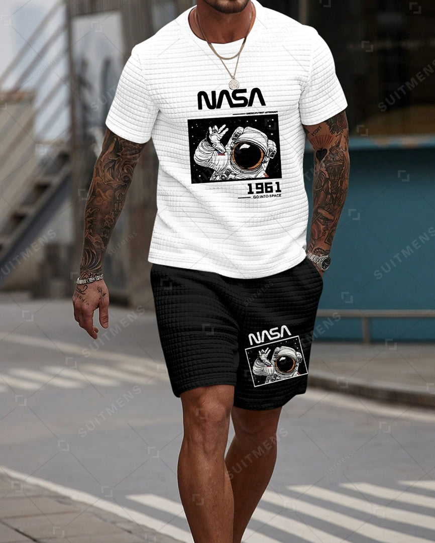 Men's Casual Waffle Textured Summer Round Neck Short Sleeve Shorts Set 0024