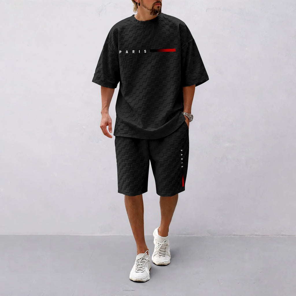 Men's Spring and Summer 'PARIS' Letter Print with Red and Black Line Checkered Fabric Drawstring Shorts Set, Casual Summer Outfit with Short-Sleeved Shirt and Shorts, Ideal for Everyday Wear and Sports Activities